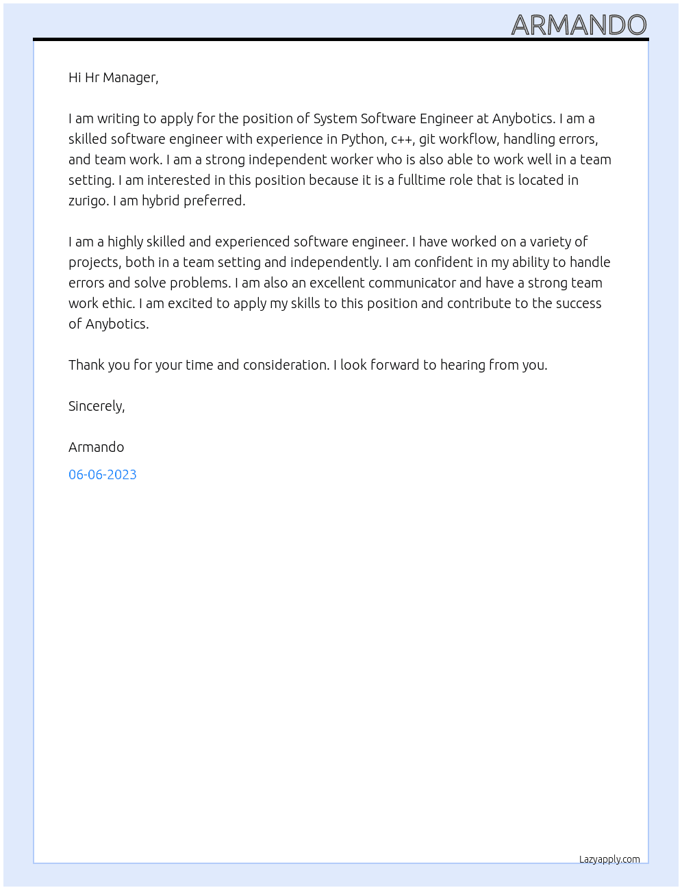 System Software Engineer At Anybotics Cover Letter