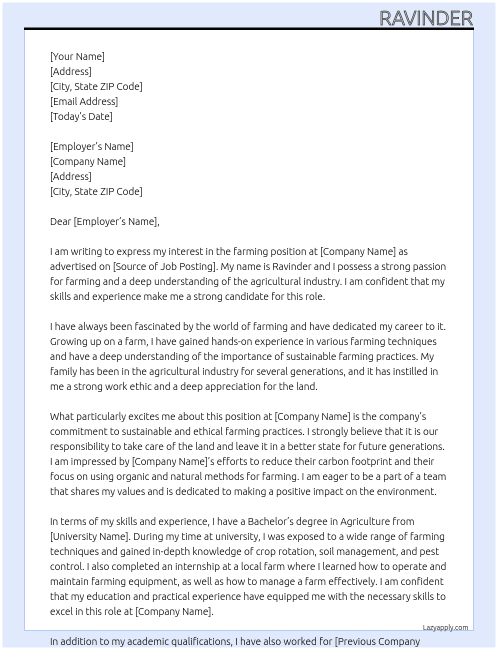 farming At agricultural Cover Letter