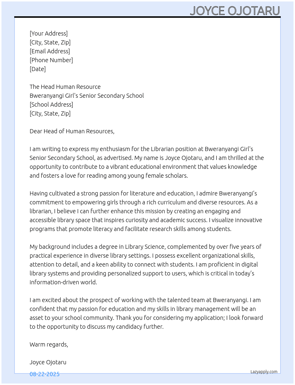 Cover letter for librarian - LazyApply
