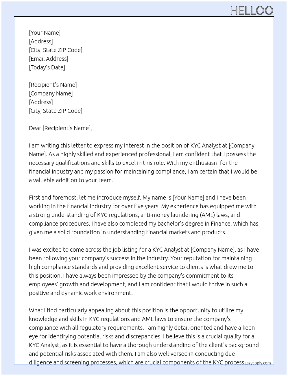 Kyc analyst At Helloo Cover Letter