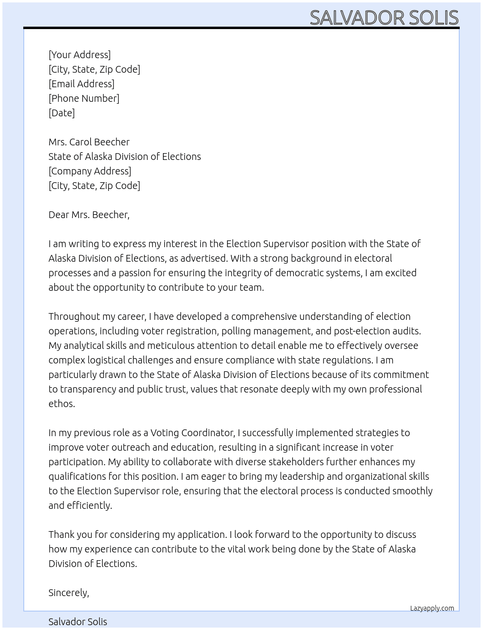 Election Supervisor At State of Alaska Division of Elections Cover Letter