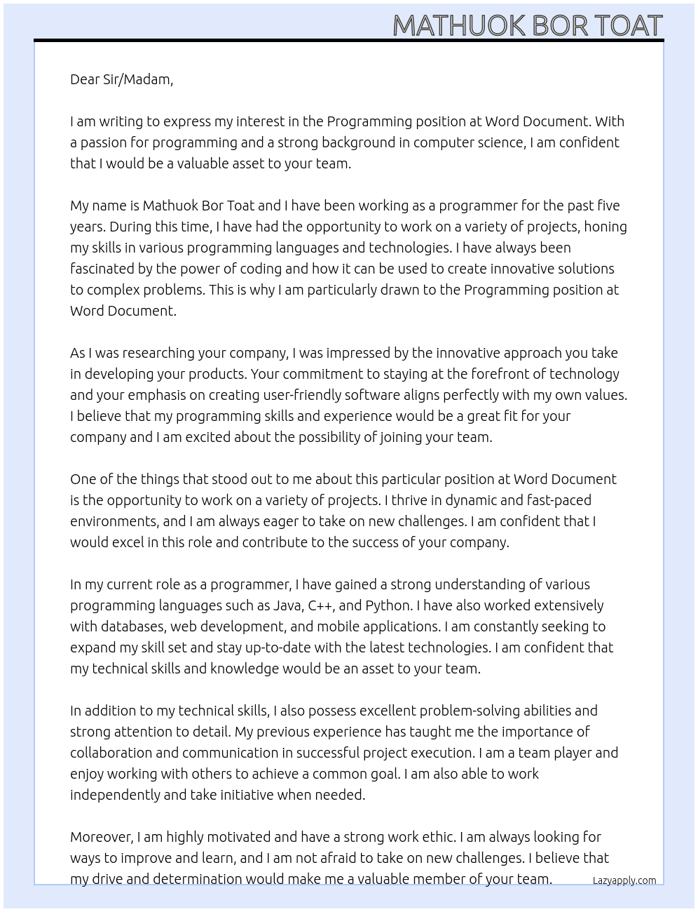 Programming At Word Document Cover Letter