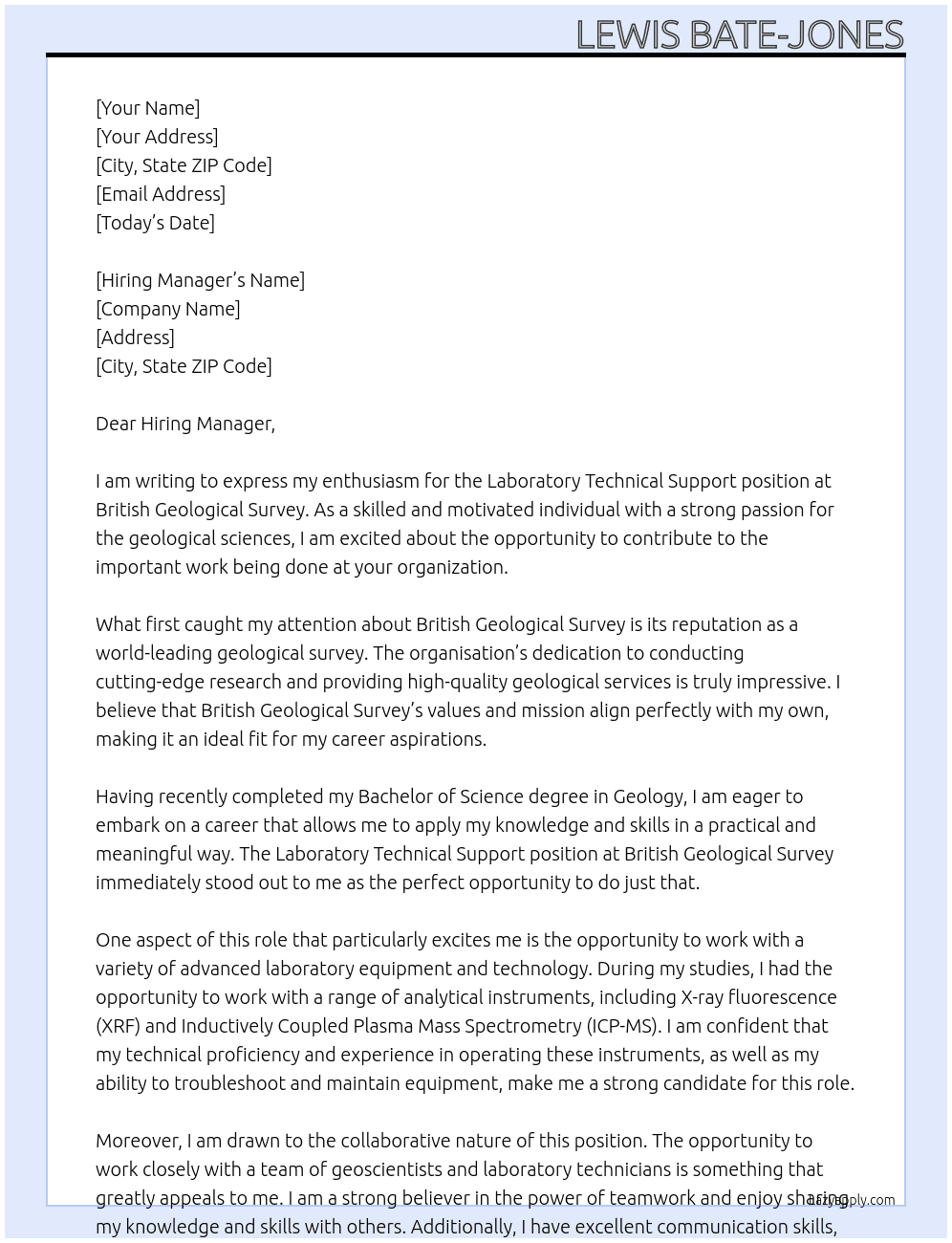 Laboratory Technical Support At British Geological Survey Cover Letter