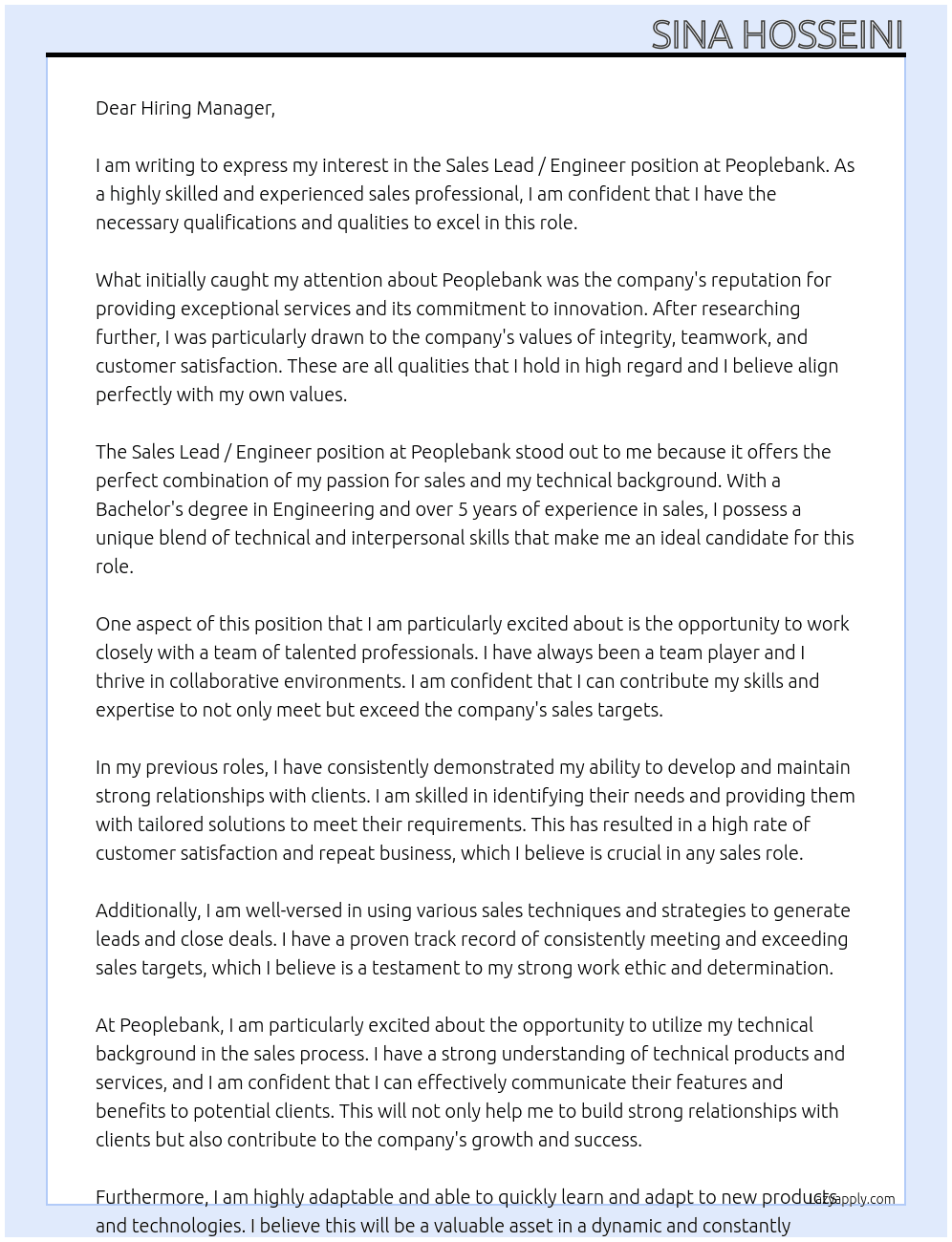 Sales Lead / Engineer At Peoplebank Cover Letter