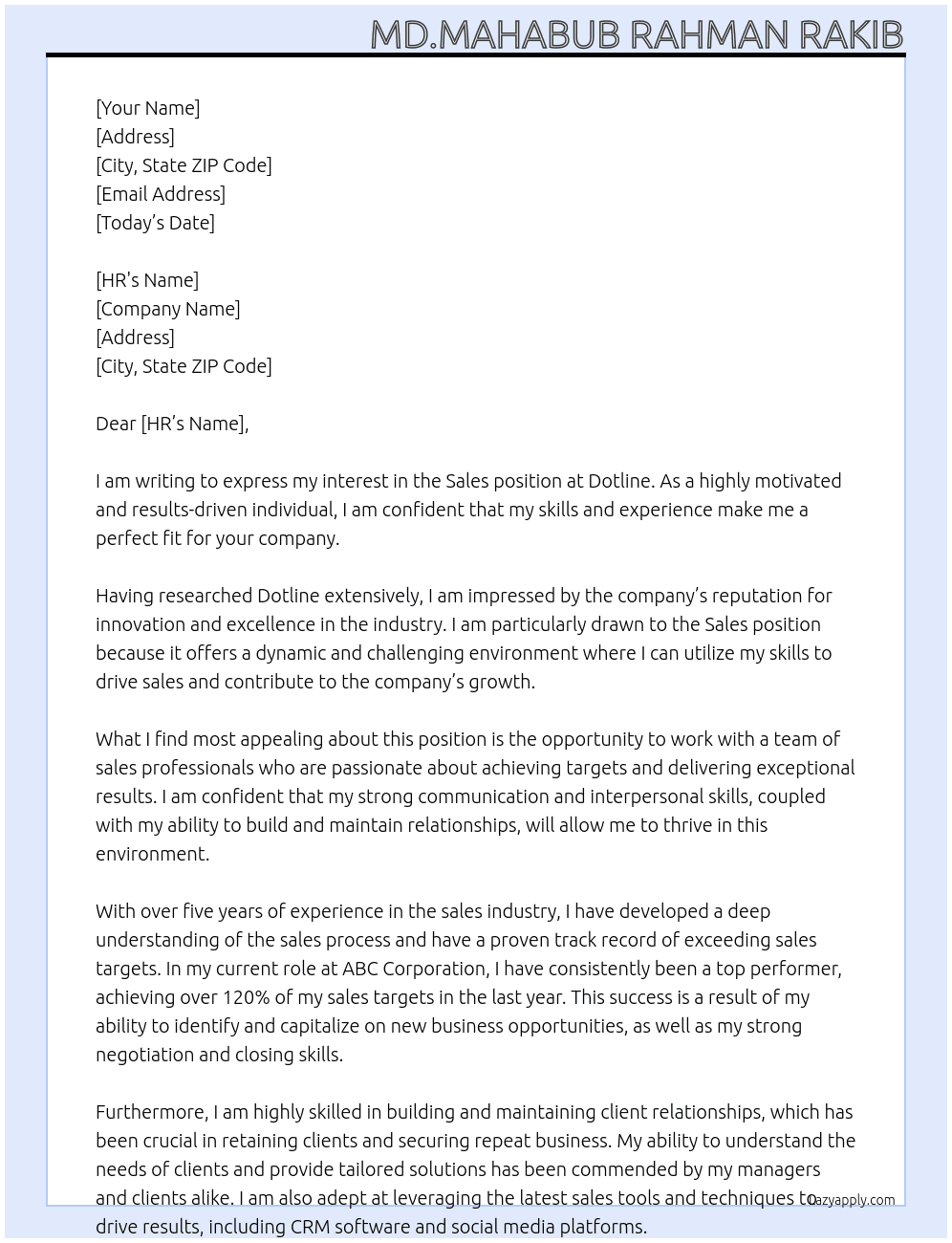 sales At dotline Cover Letter