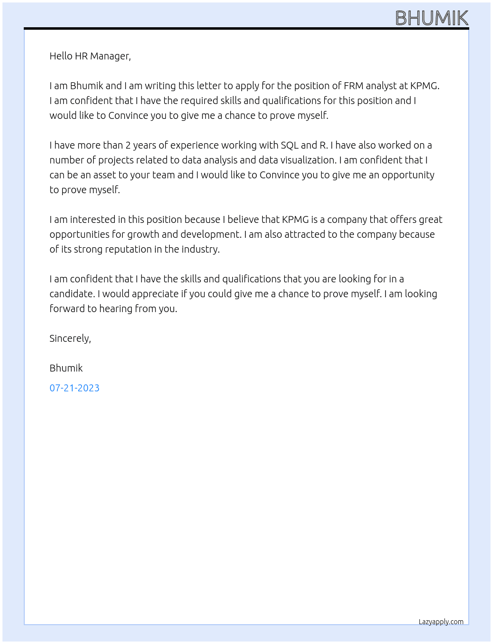Cover letter for frm analyst - LazyApply
