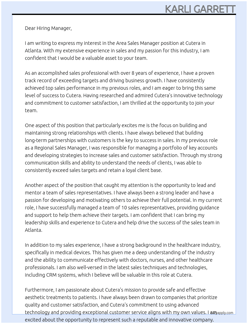 Area Sales Manager - Atlanta  At Cutera Cover Letter