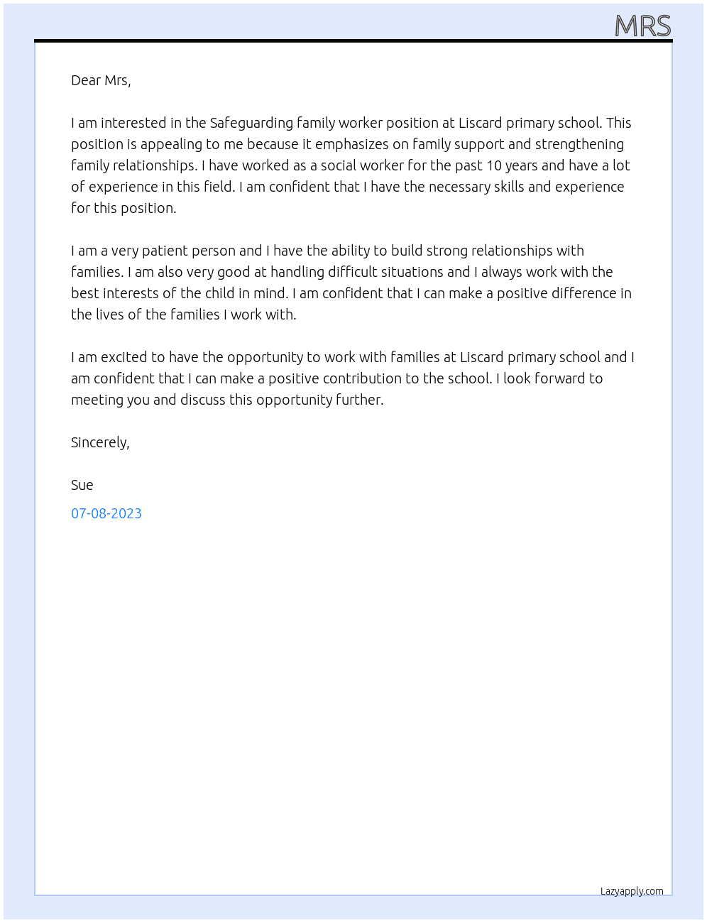 Safeguarding family worker At Liscard primary school Cover Letter