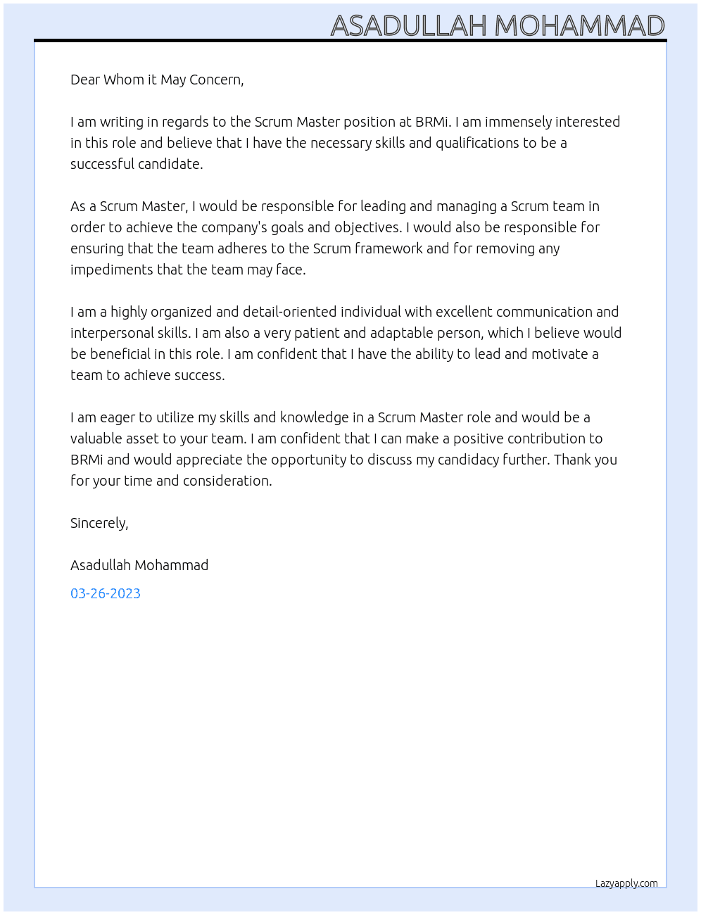 Scrum Master At BRMi  Cover Letter