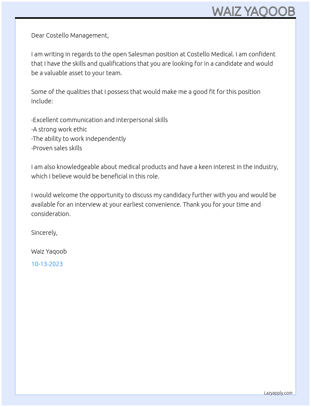 Salesman At Costello medical Cover Letter