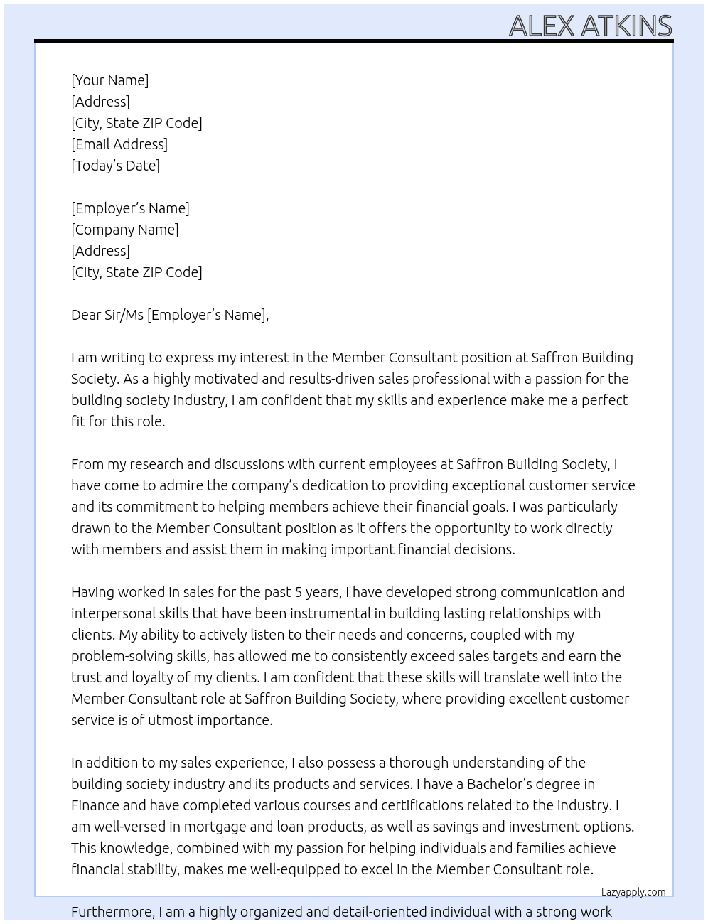 Member Consultant  At Saffron Building Society Cover Letter