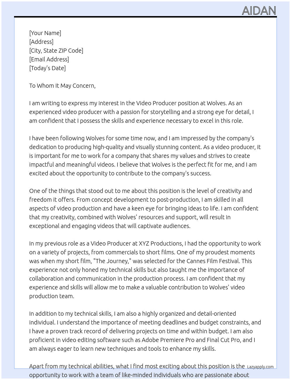 Video Producer At Wolves Cover Letter