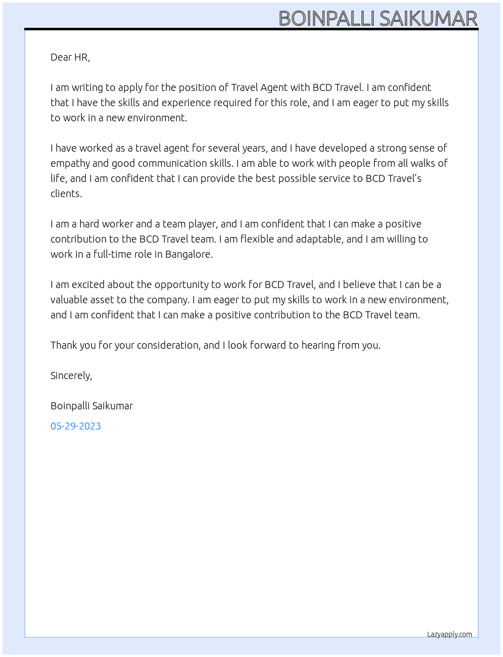 Travel Agent  At BCD Travel Cover Letter