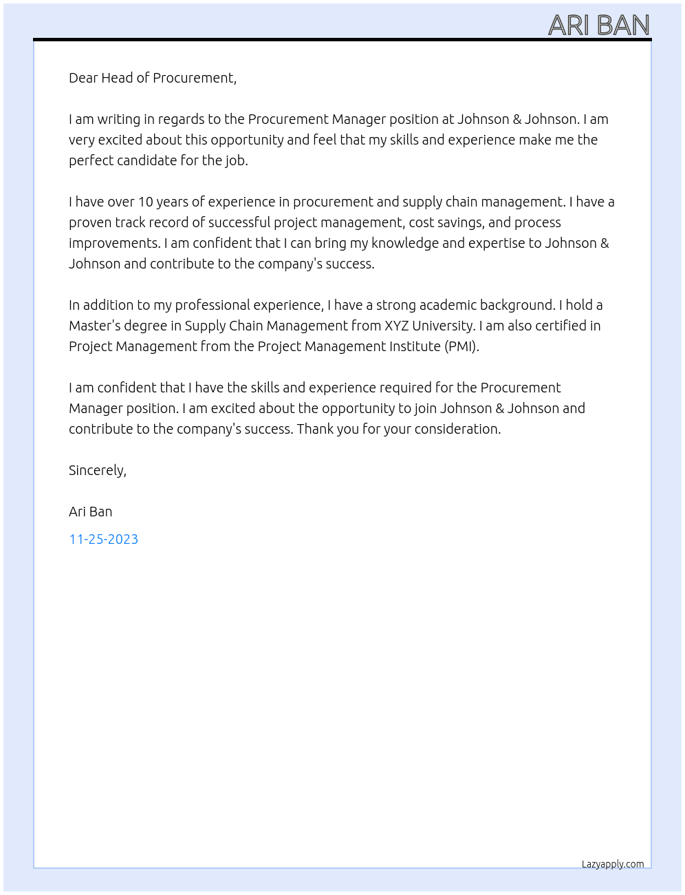 Procurement Manager At Johnson & Johnson Cover Letter