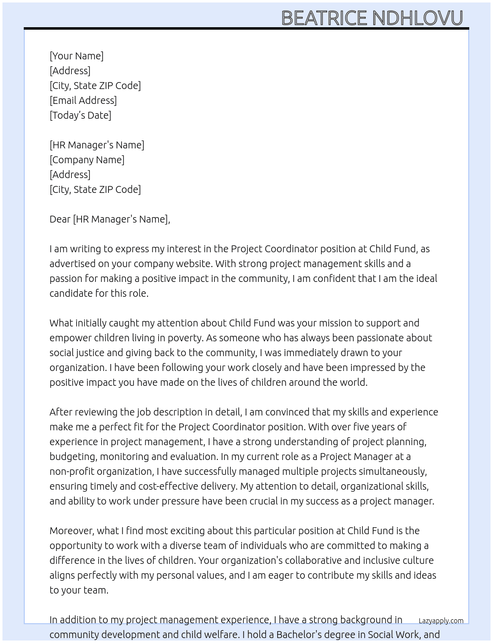 Project coordinator  At Child fund Cover Letter