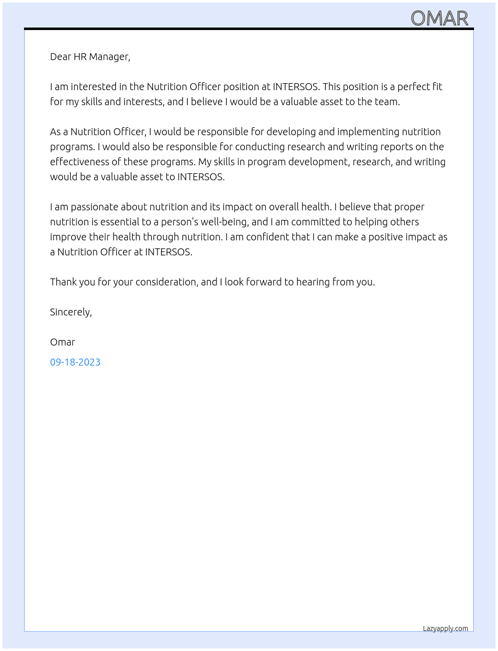 Nutrition Officer At INTERSOS Cover Letter