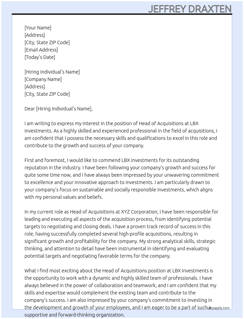 Head of Acquisitions At LBX Investments Cover Letter