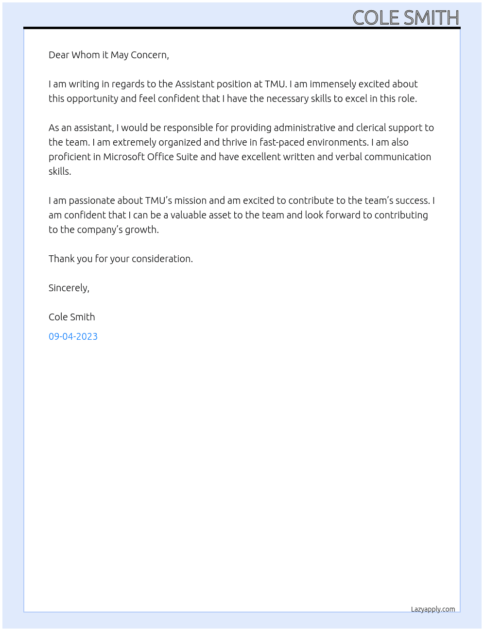 Assistant At TMU Cover Letter
