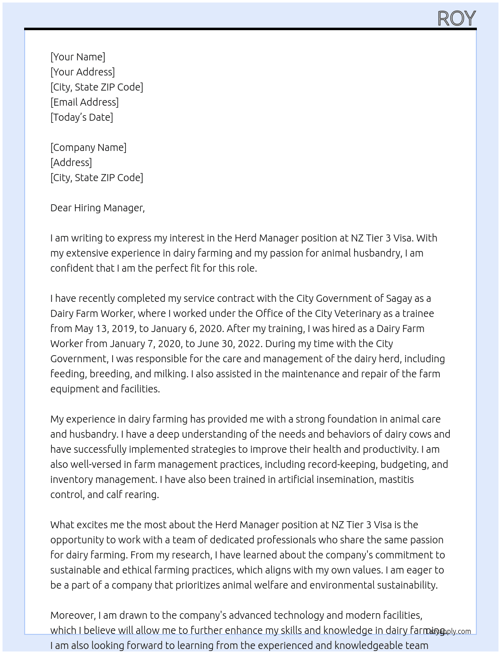 Herd Manager At NZ Tier 3 Visa Cover Letter