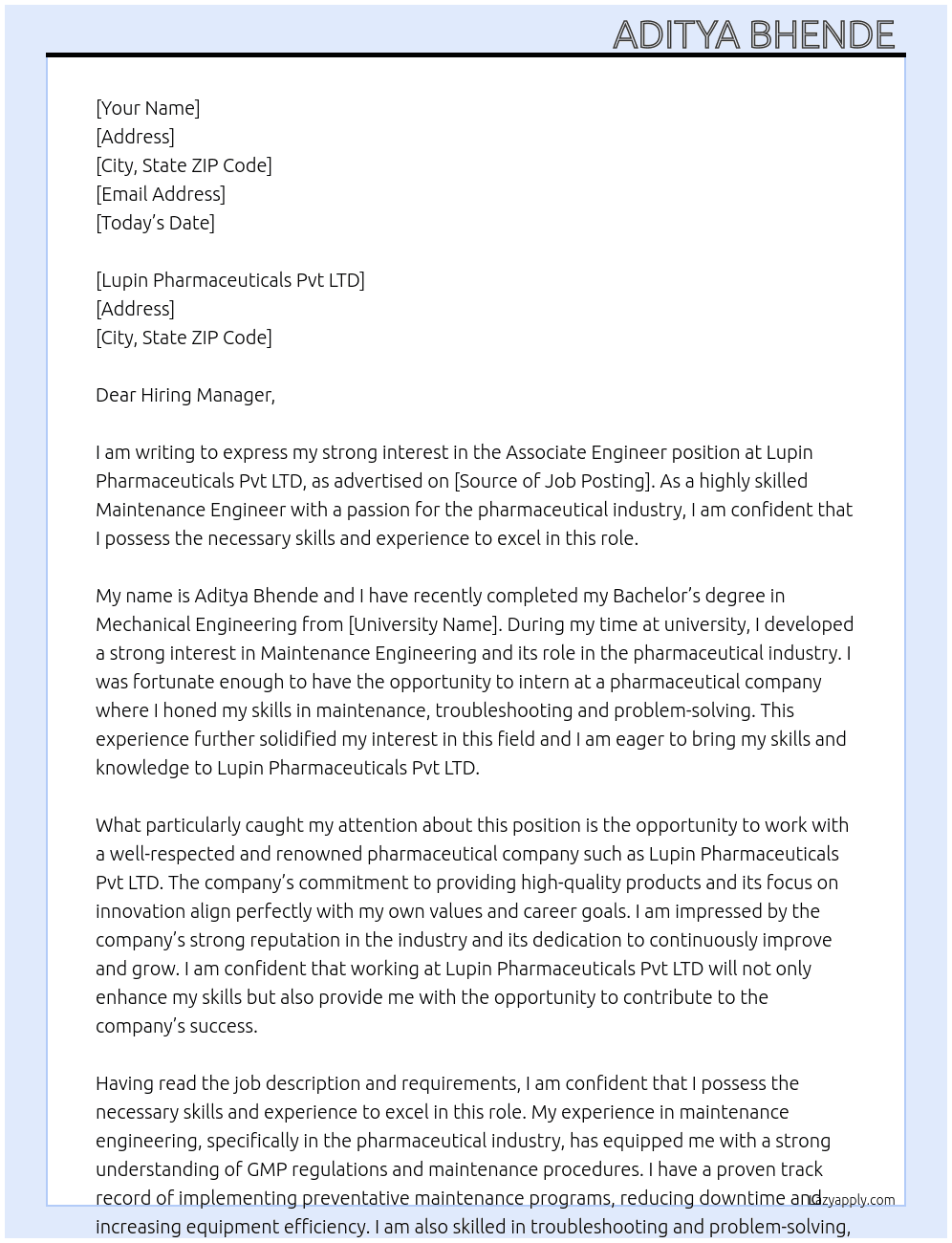 Associate Engineer At Lupin Pharmaceuticals Pvt LTD Cover Letter