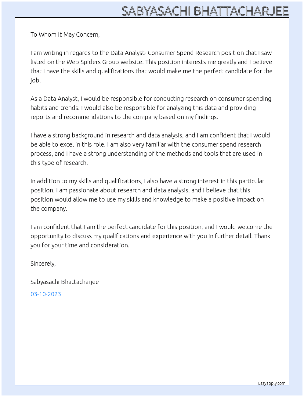 Data Analyst- Consumer Spend Research At Web Spiders Group Cover Letter