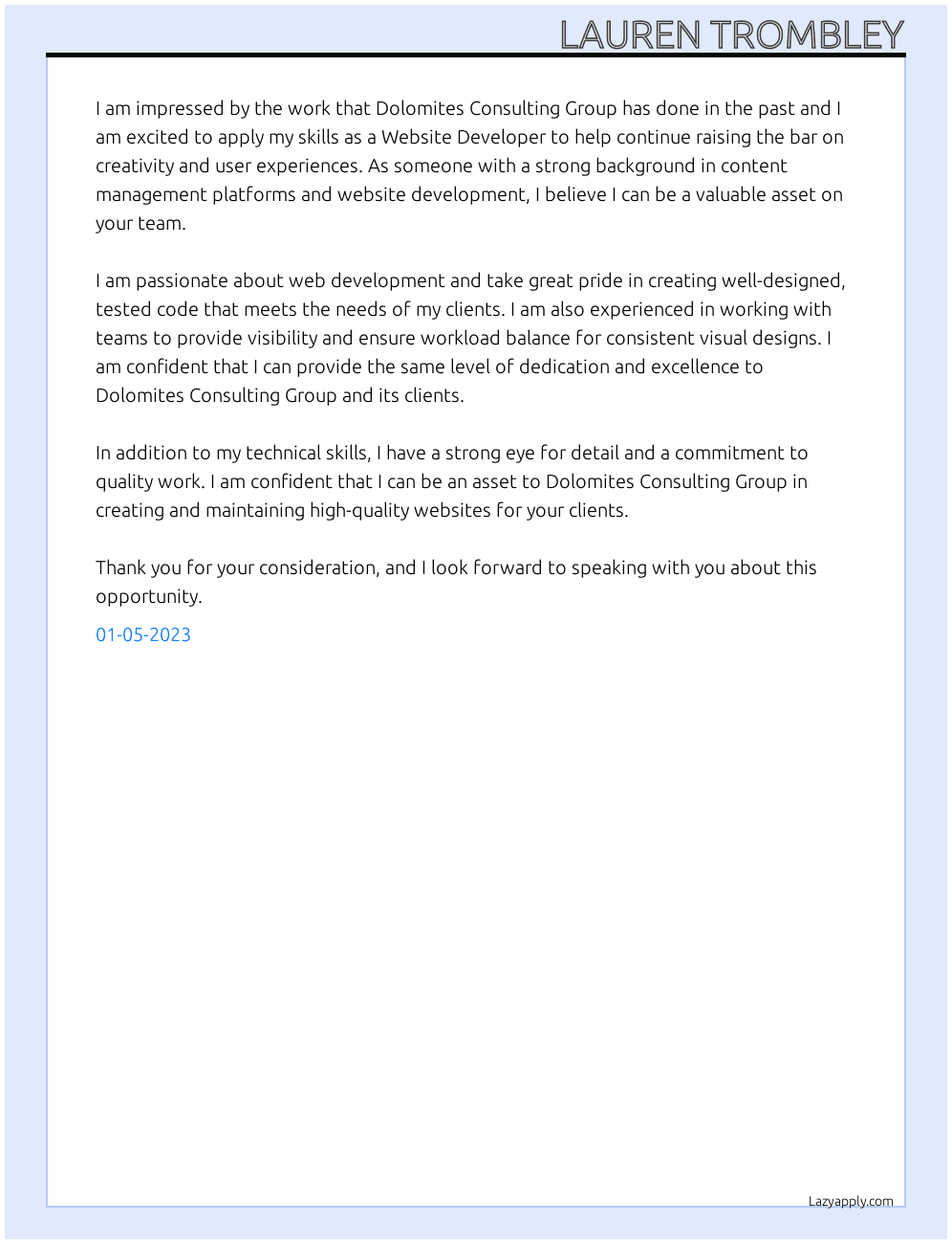 Website Developer At Dolomites Consulting Group Cover Letter