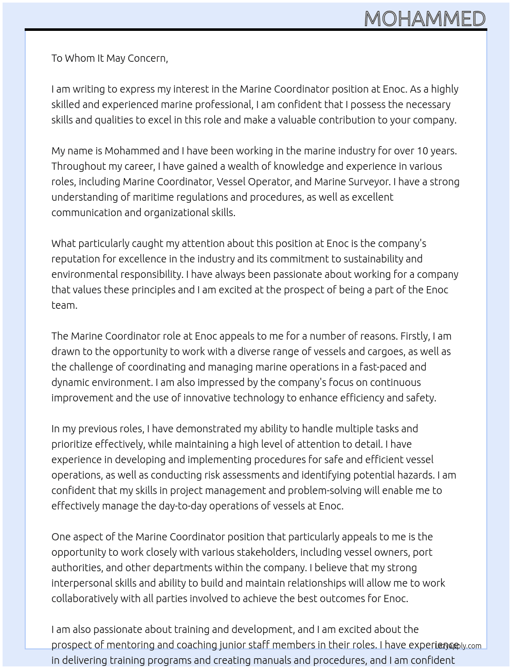 Marine Coordinator  At Enoc Cover Letter