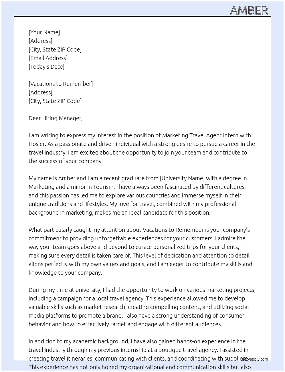 Marketing travel agent intern At Hosier  Cover Letter