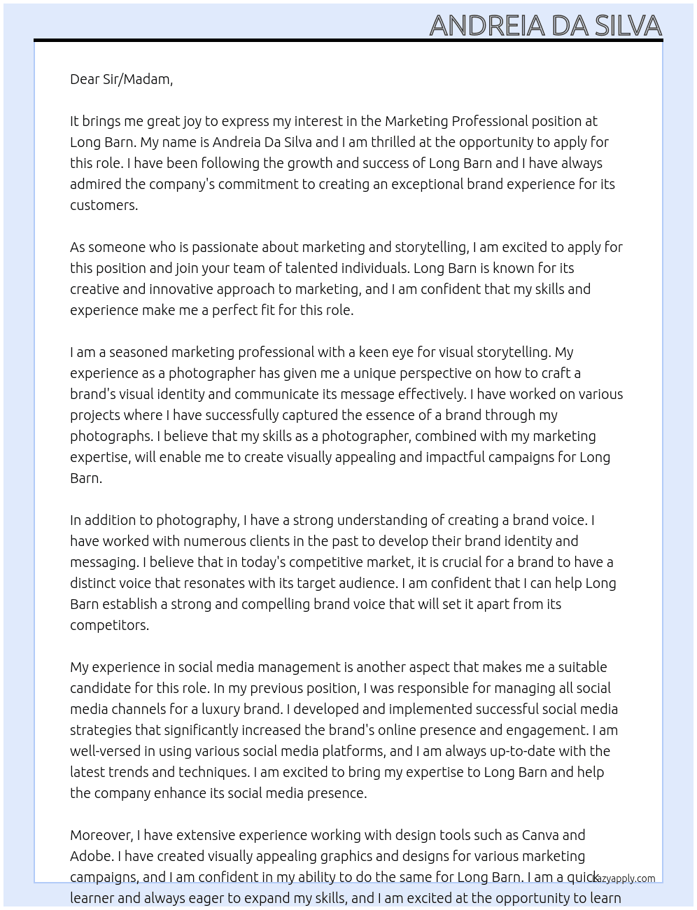 Marketing professional At Long Barn  Cover Letter
