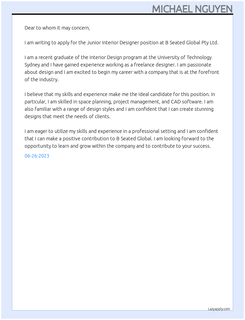 Junior interior Designer At B Seated Global Pty Ltd Cover Letter