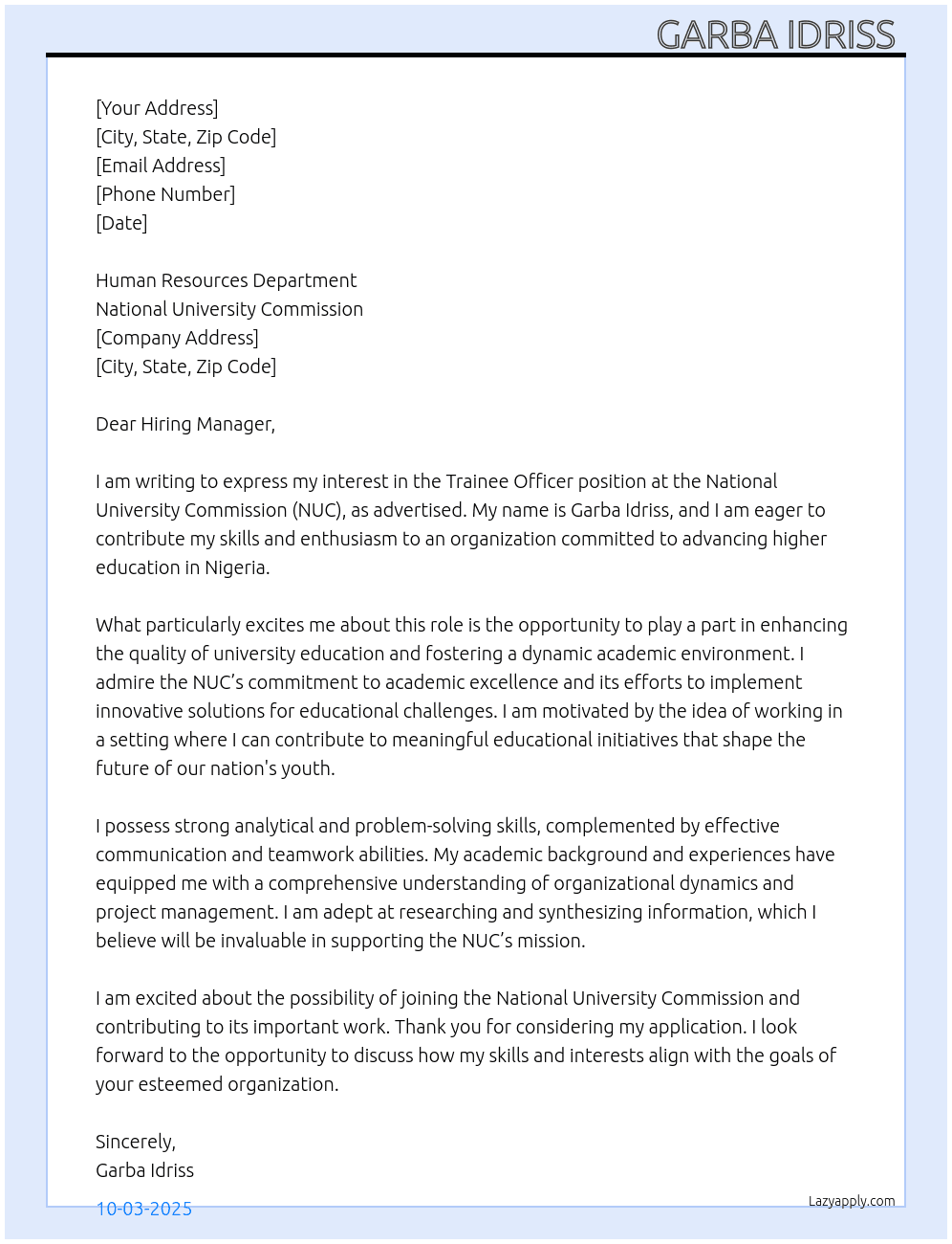 Trainee officer  At National University commission  Cover Letter