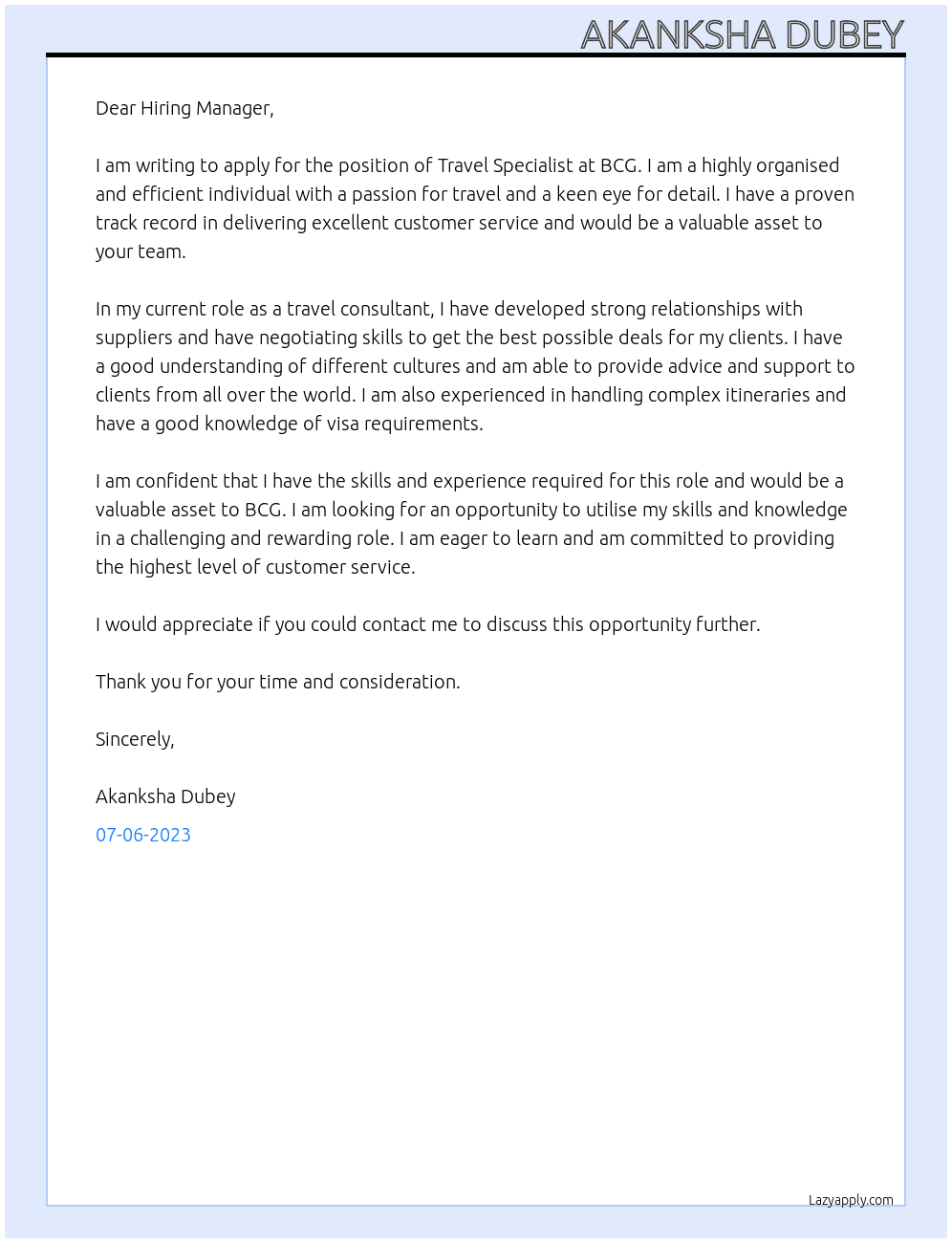 TRAVEL SPECIALIST At BCG Cover Letter