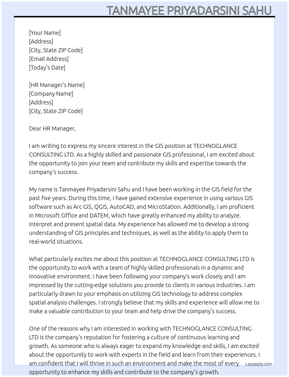 GIS At TECHNOGLANCE CONSULTING LTD. Cover Letter