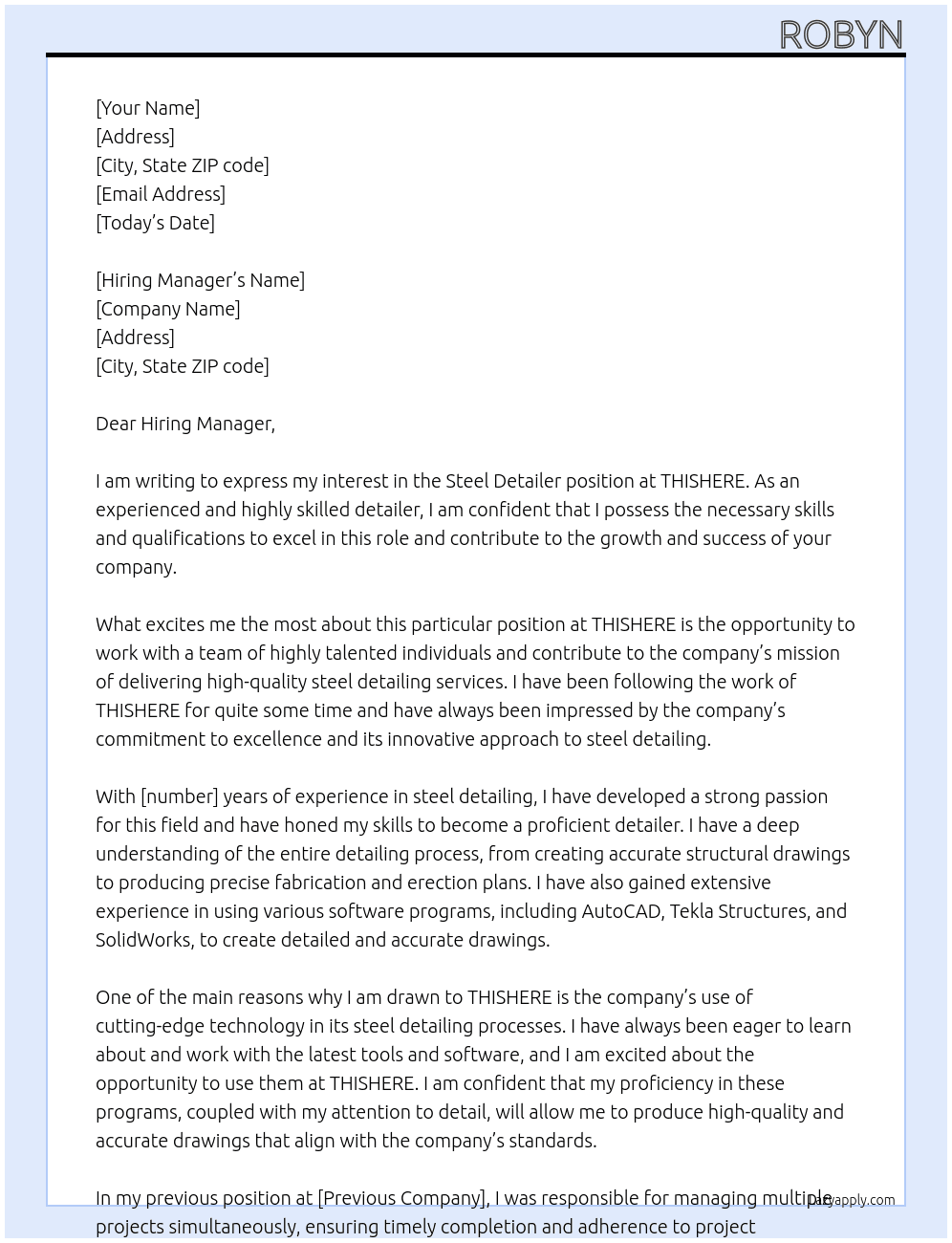 steel detailer At THISHERE Cover Letter