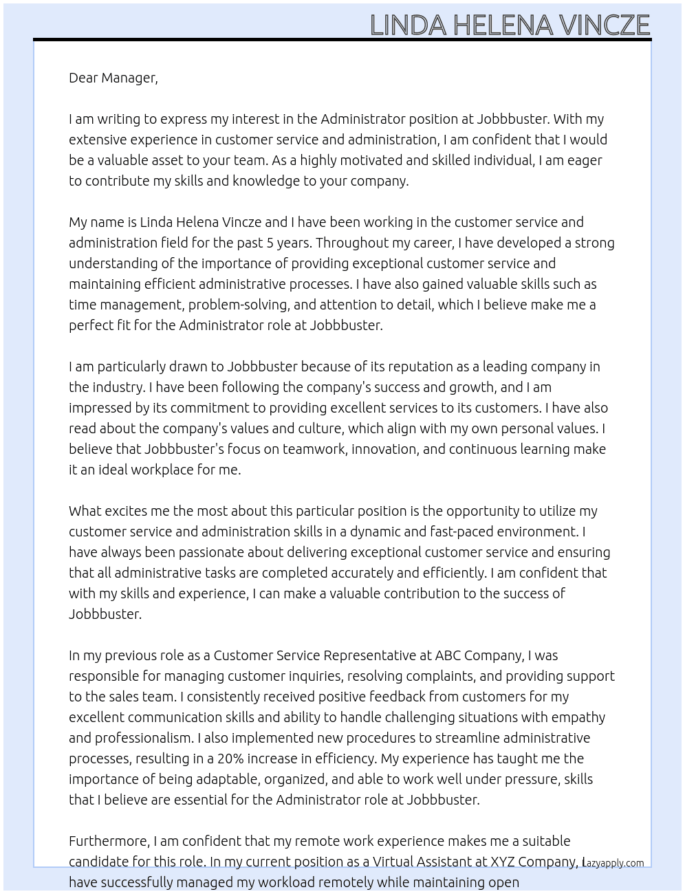 Administrator At Jobbbuster Cover Letter