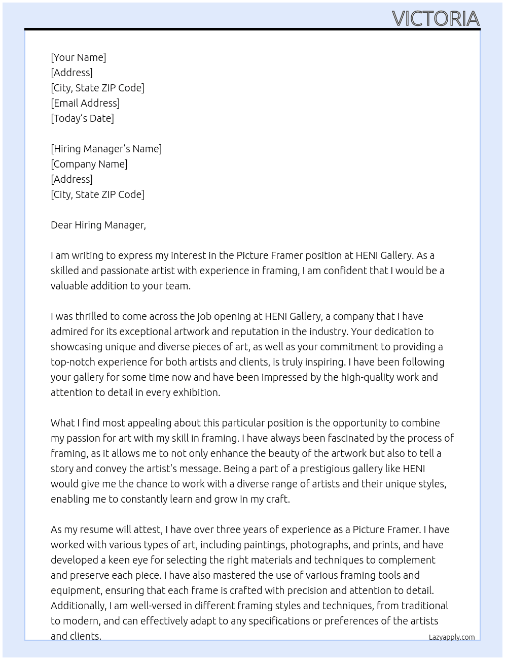 Picture Framer At HENI Gallery Cover Letter