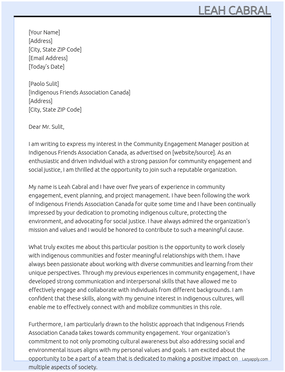 Community Engagement Manager At Indigenous Friends Association Canada Cover Letter