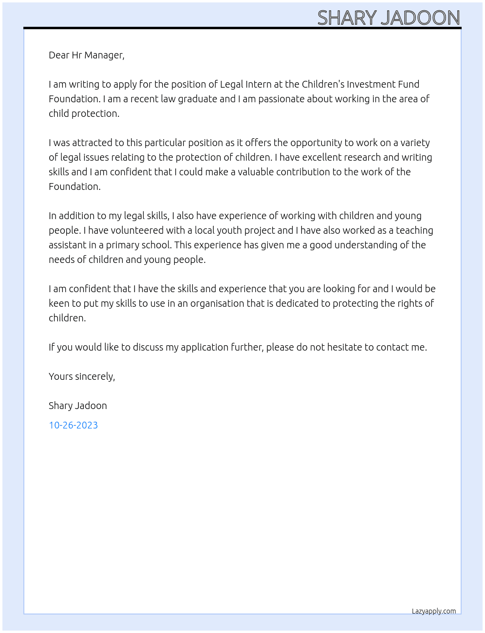 Legal Intern At Children's Investment Fund Foundation Cover Letter