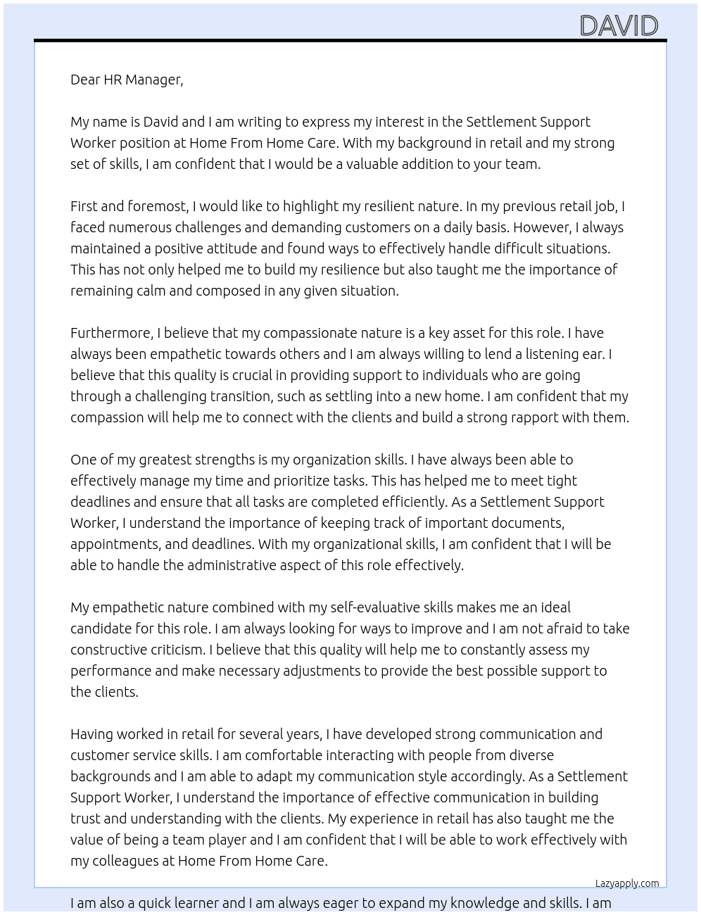  Settlement Support Worker At Home From Home Care Cover Letter