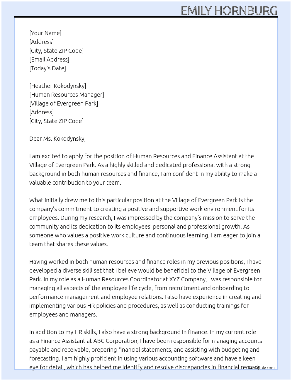 Human Resources and Finance Assistant At Village of Evergreen park Cover Letter