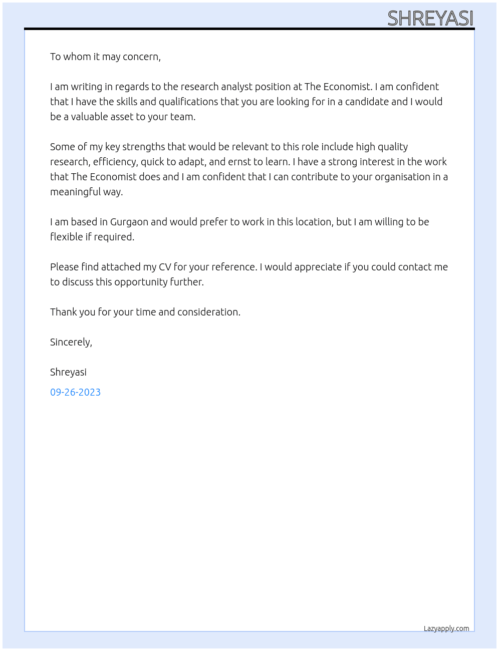 research analyst At The Economist Cover Letter