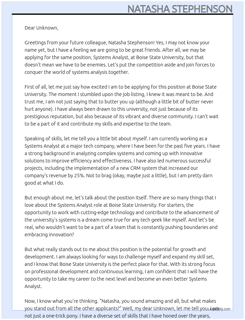 Systems Analyst At Boise State University Cover Letter