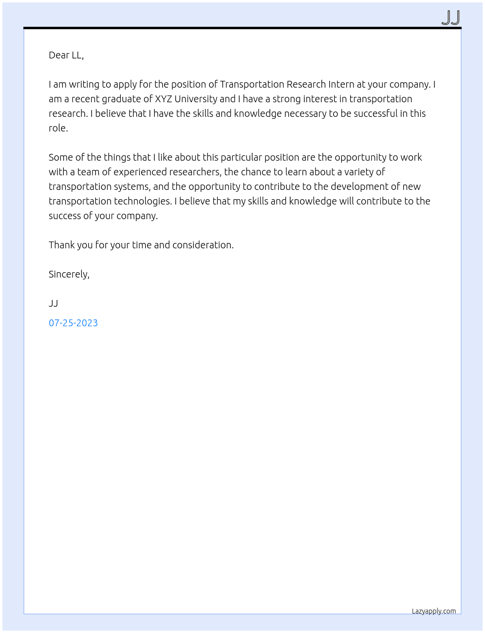 Transportation Research Intern At LL Cover Letter