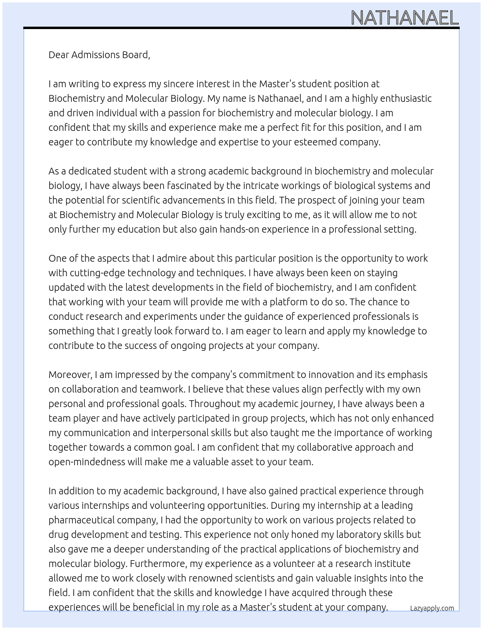 Master's student At Biochemistry and Molecular Biology Cover Letter