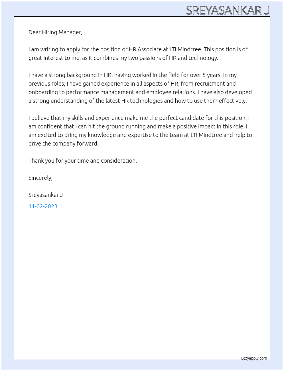 Hr association  At LTImindtree Cover Letter