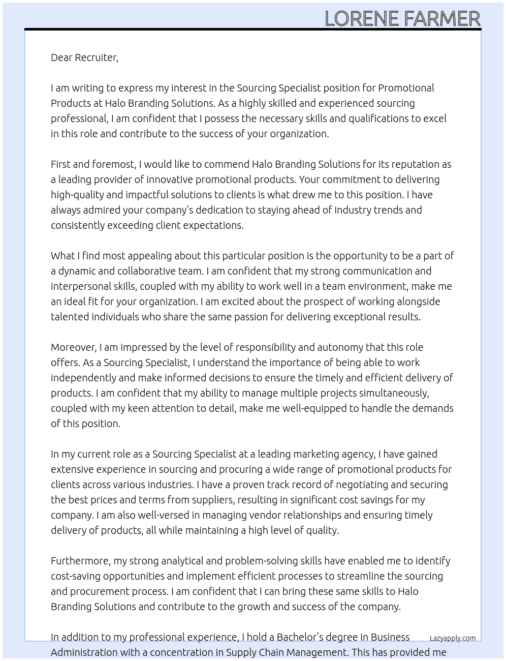 Sourcing Specialist, Promotional Products At Halo Branding Solutions Cover Letter