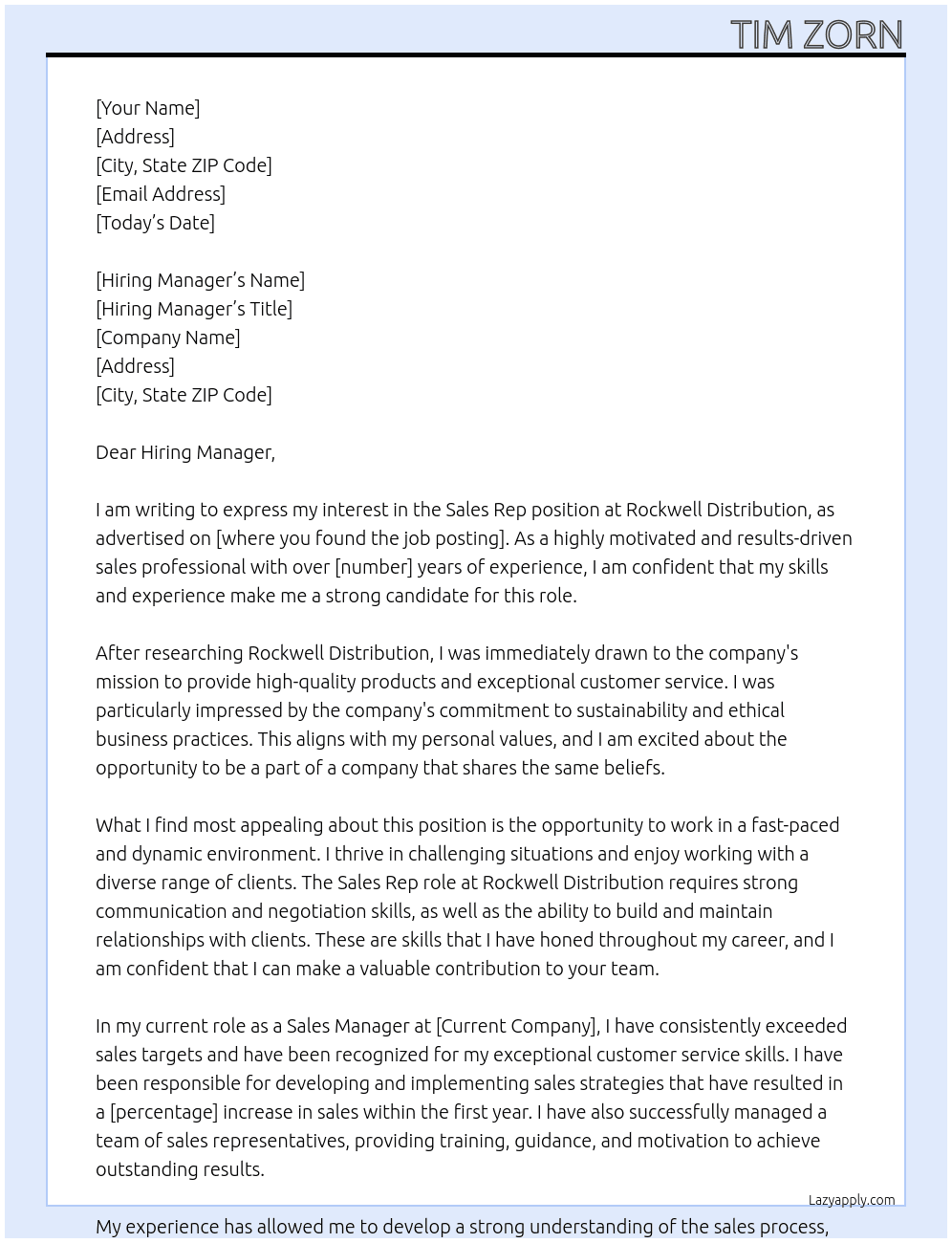 Sales Rep At Rockwell Distribution Cover Letter