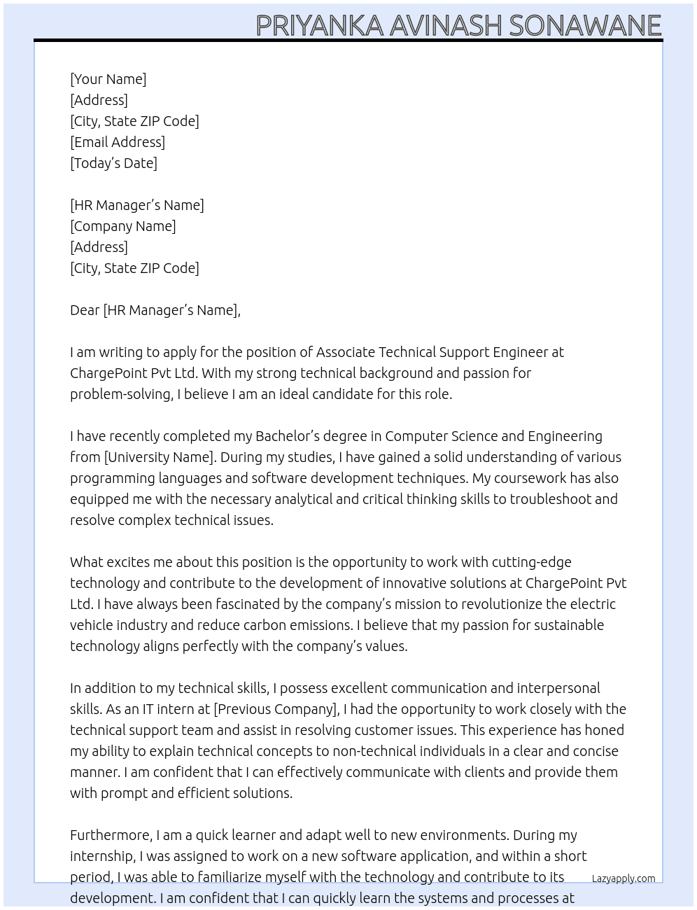 Associate Technical Support Engineer At ChargePoint pvt Ltd Cover Letter