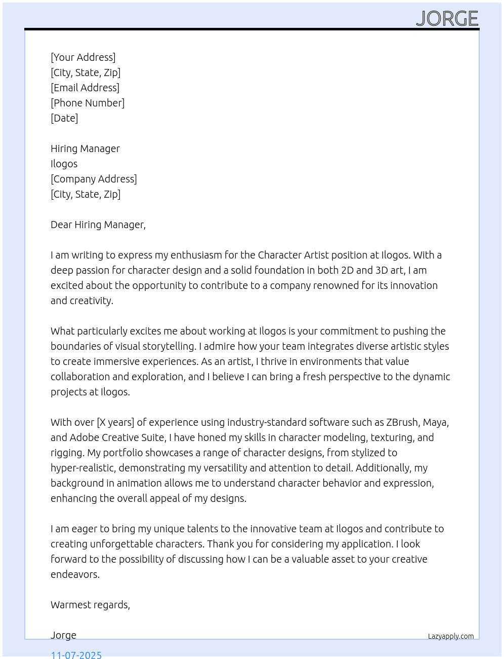 Character artist  At Ilogos Cover Letter