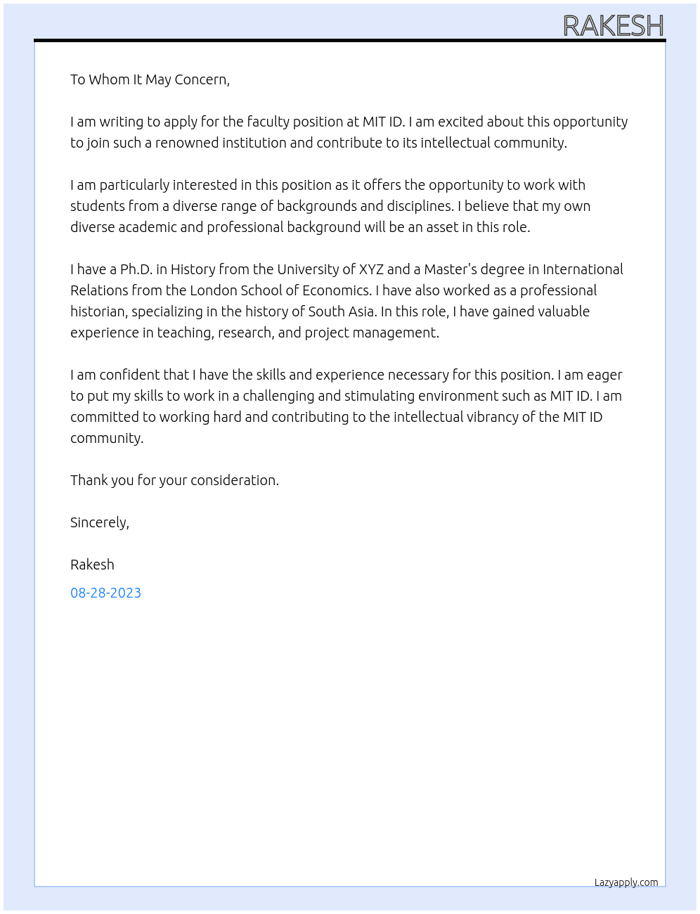 Faculty position At MIT ID Cover Letter